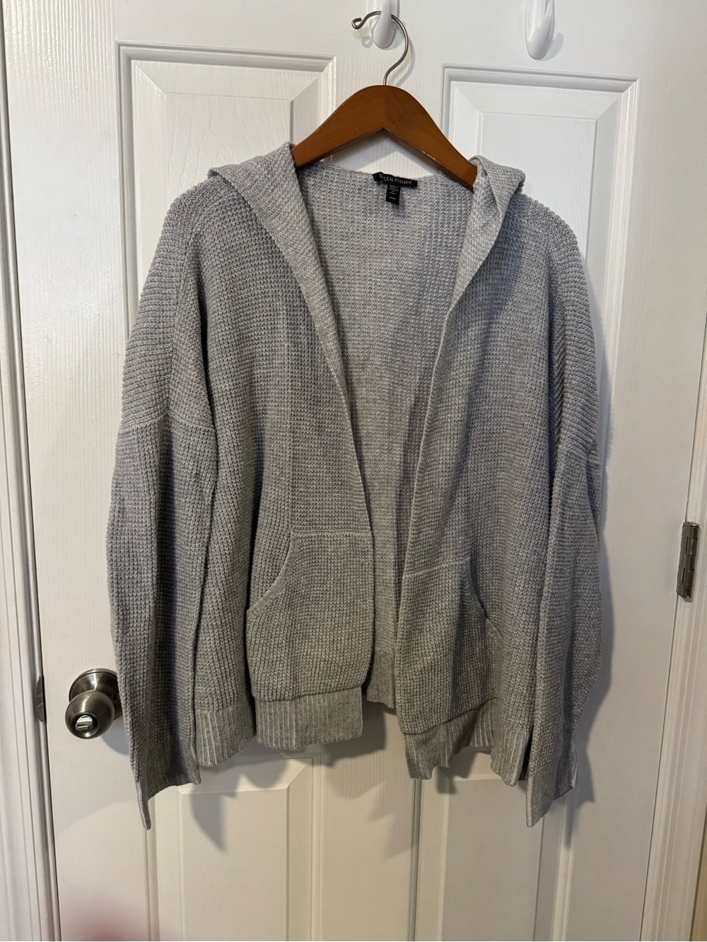 Eileen Fisher Light Gray Hooded Open-Front Knit Cardigan